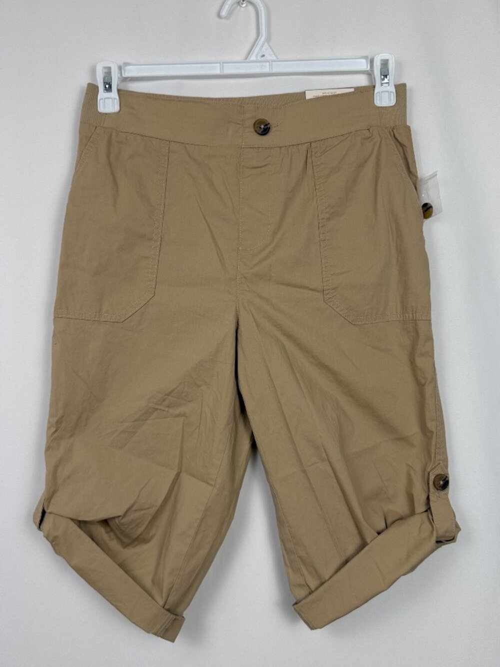 iyla Womens Size S/P Khaki Tan Stretch Roll Tab Cargo Capri Pants